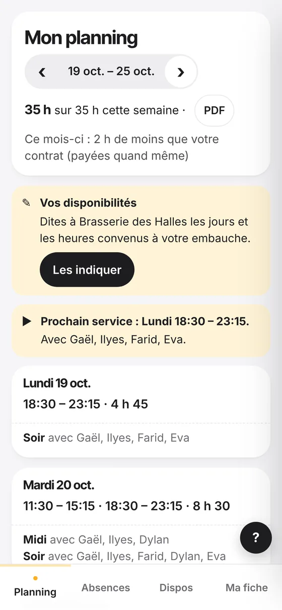 Le planning d'une serveuse sur son téléphone : ses heures de la semaine et ses services avec les collègues.